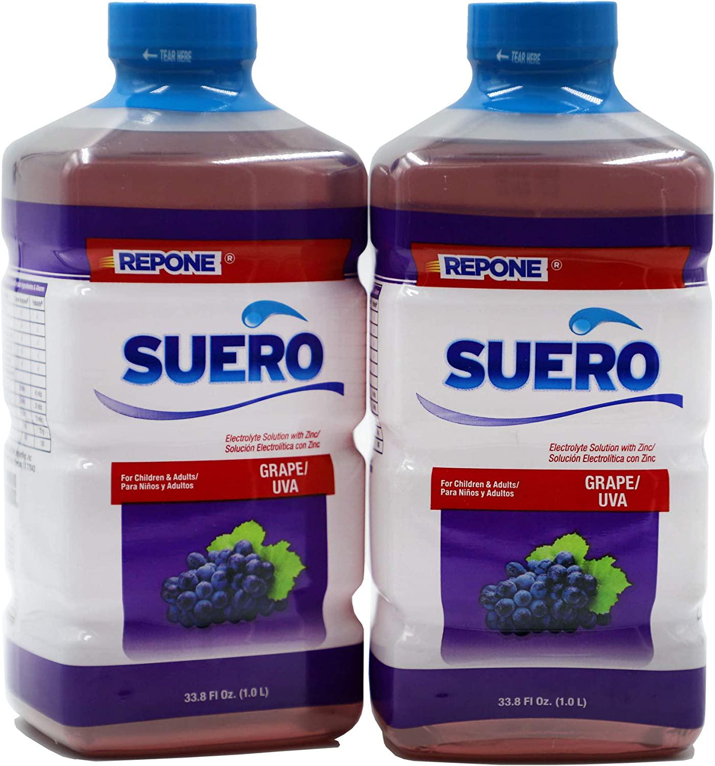 REPONE SUERO Electrolyte Solution with Zinc, Rehydrates, Restores Minerals and Nutrients, Grape Flavor, 2-Pack of 33.8 Fl Oz 2 Bottles