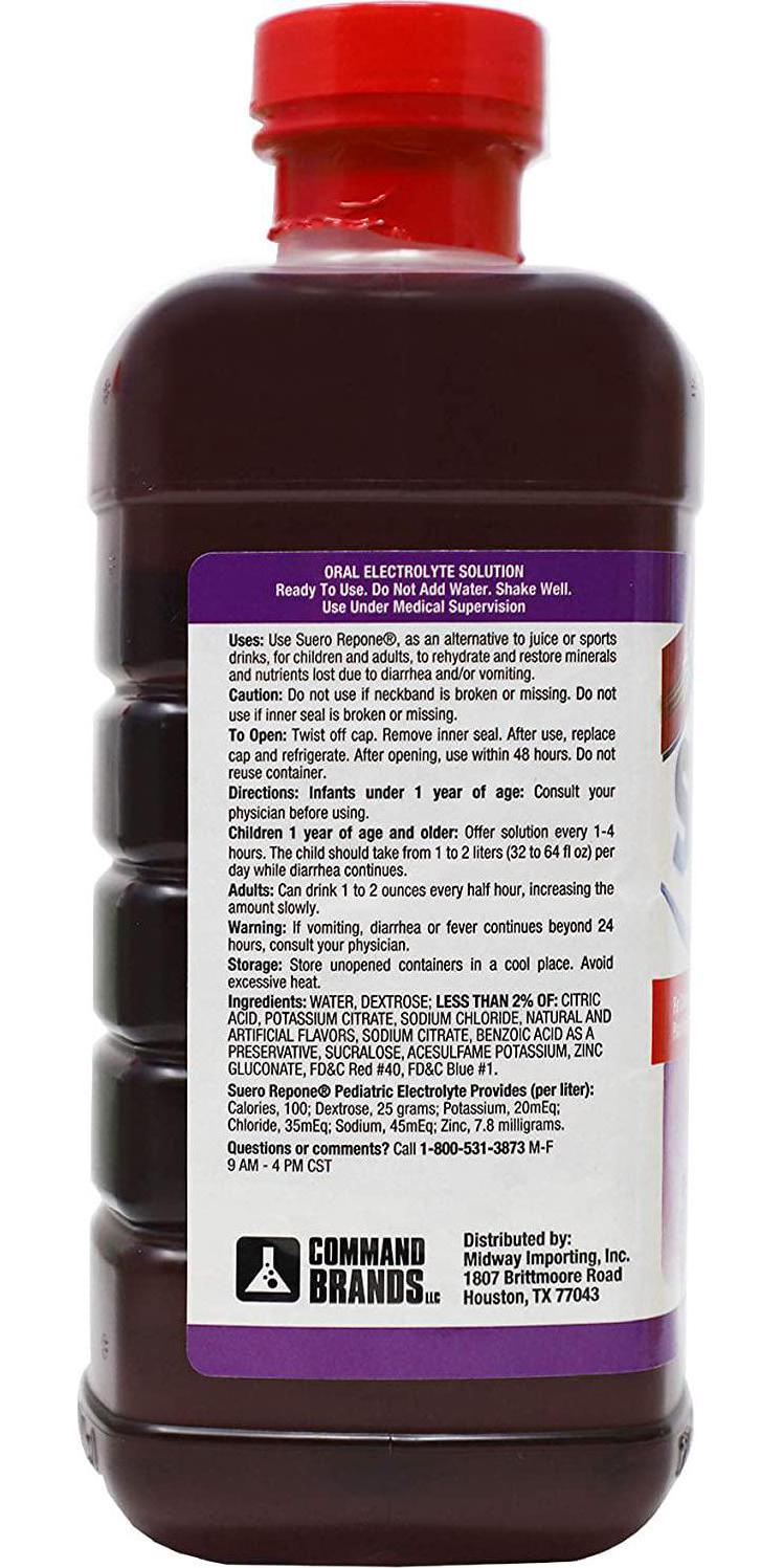 REPONE SUERO Electrolyte Solution with Zinc, Rehydrates, Restores Minerals and Nutrients, Grape Flavor, 2-Pack of 33.8 Fl Oz 2 Bottles