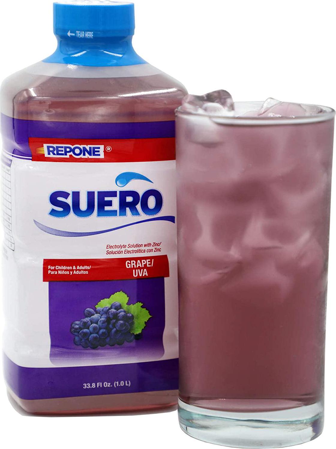 REPONE SUERO Electrolyte Solution with Zinc, Rehydrates, Restores Minerals and Nutrients, Grape Flavor, 2-Pack of 33.8 Fl Oz 2 Bottles