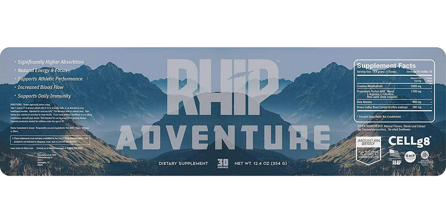 RHIP Adventure All Natural Pre-Workout Powder - Doctor Formulated Liposomal Supplement for Energy, Focus and Performance. Pre Workout for Men and Women, Vegan, Non-GMO, Keto Friendly.