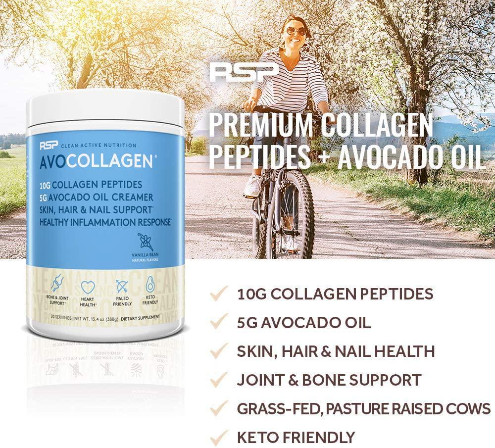RSP AvoCollagen - Collagen Peptides Protein Powder + Avocado Oil, Grass Fed, Pasture Raised Collagen Protein with Heart Healthy Fats, Keto Friendly, Gluten Free, 20 Servings (Vanilla)