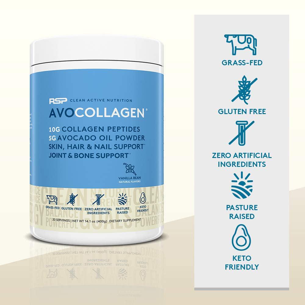 RSP AvoCollagen - Collagen Peptides Protein Powder + Avocado Oil, Grass Fed, Pasture Raised Collagen Protein with Heart Healthy Fats, Keto Friendly, Gluten Free, 20 Servings (Vanilla)