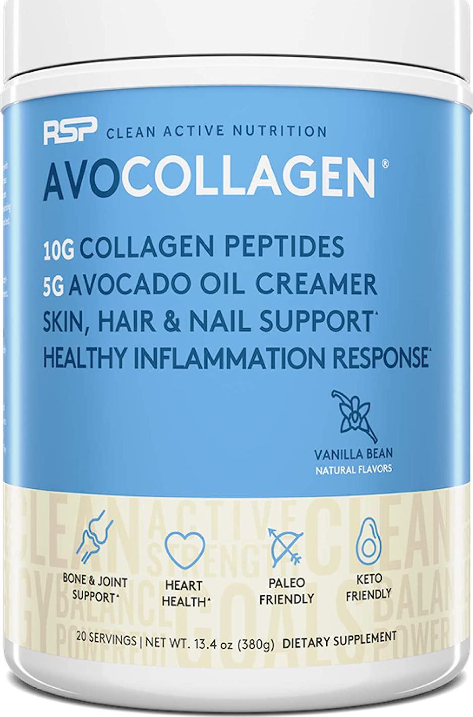 RSP AvoCollagen - Collagen Peptides Protein Powder + Avocado Oil, Grass Fed, Pasture Raised Collagen Protein with Heart Healthy Fats, Keto Friendly, Gluten Free, 20 Servings (Vanilla)