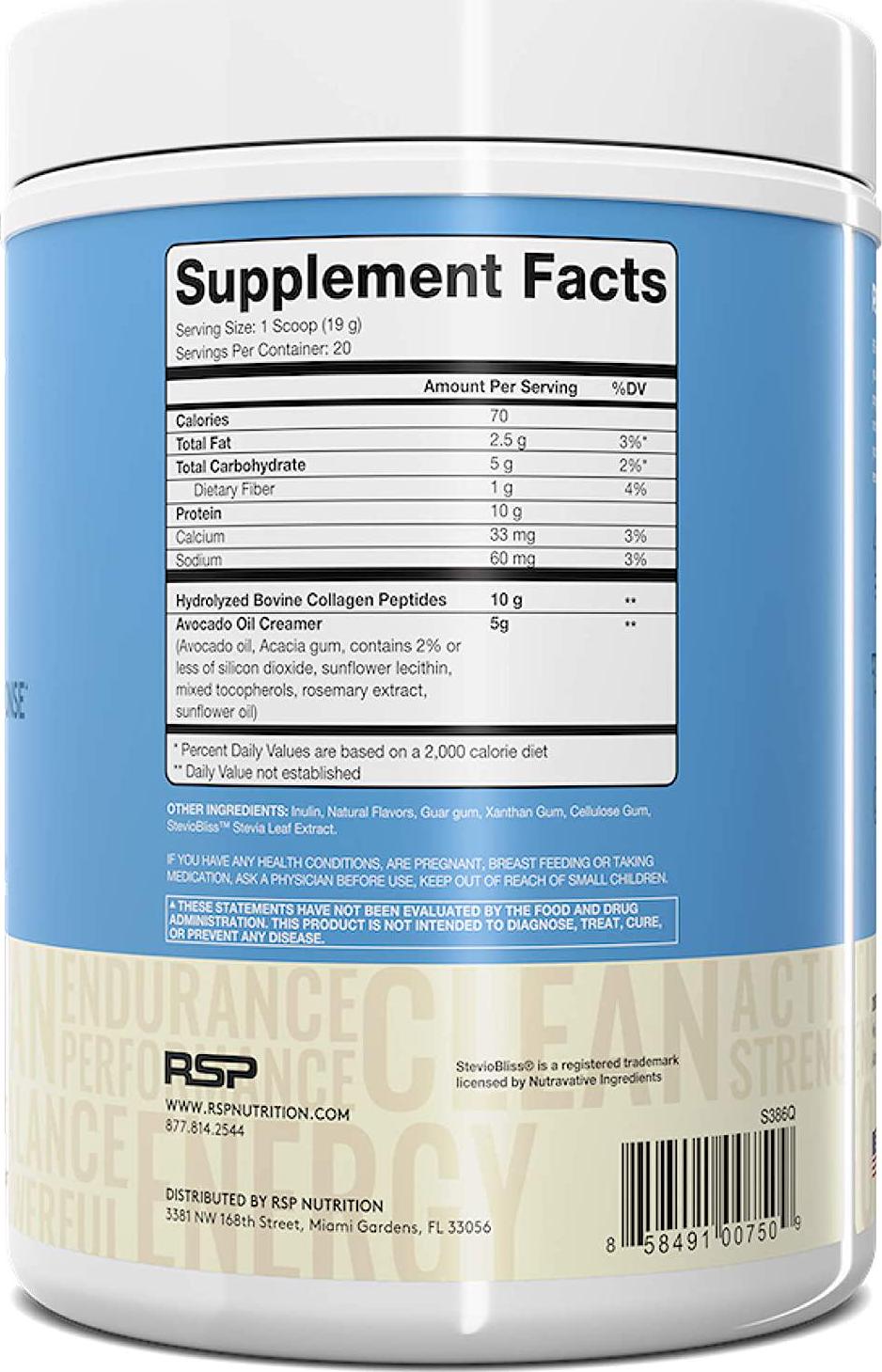 RSP AvoCollagen - Collagen Peptides Protein Powder + Avocado Oil, Grass Fed, Pasture Raised Collagen Protein with Heart Healthy Fats, Keto Friendly, Gluten Free, 20 Servings (Vanilla)