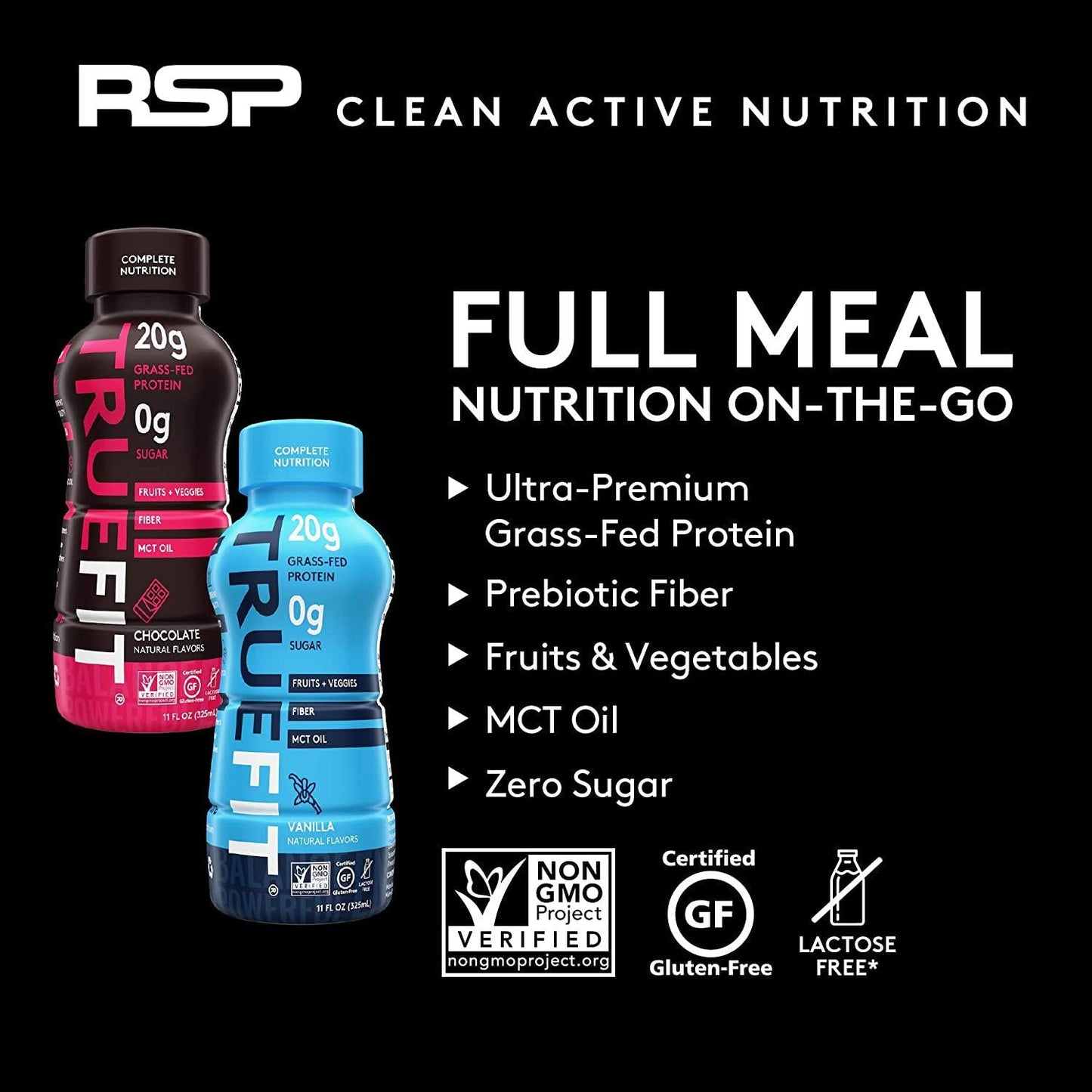 RSP NUTRITION TrueFit - Protein Shake and Meal Replacement, Grass-Fed Protein Drink with Organic Real Food, Probiotics, Zero Sugar, Lactose Free, Gluten Free, Chocolate, 11 Fl Oz (Pack of 12)