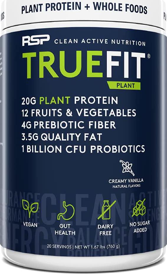 RSP TrueFit Vegan Protein Powder Meal Replacement Shake, Plant Based Protein + Organic Fruits and Veggies, Fiber and Probiotics, Gluten Free, Dairy Free