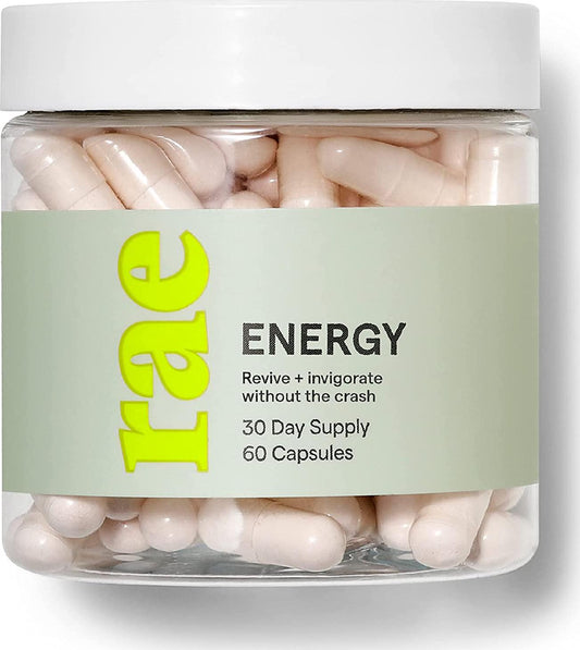 Rae Wellness Energy - Natural Energy Support with Vitamin B 12, Green Tea and L-Theanine - Natural Energy Support - Vegan, Non-GMO, Gluten-Free - 60 Caps (30 Servings)