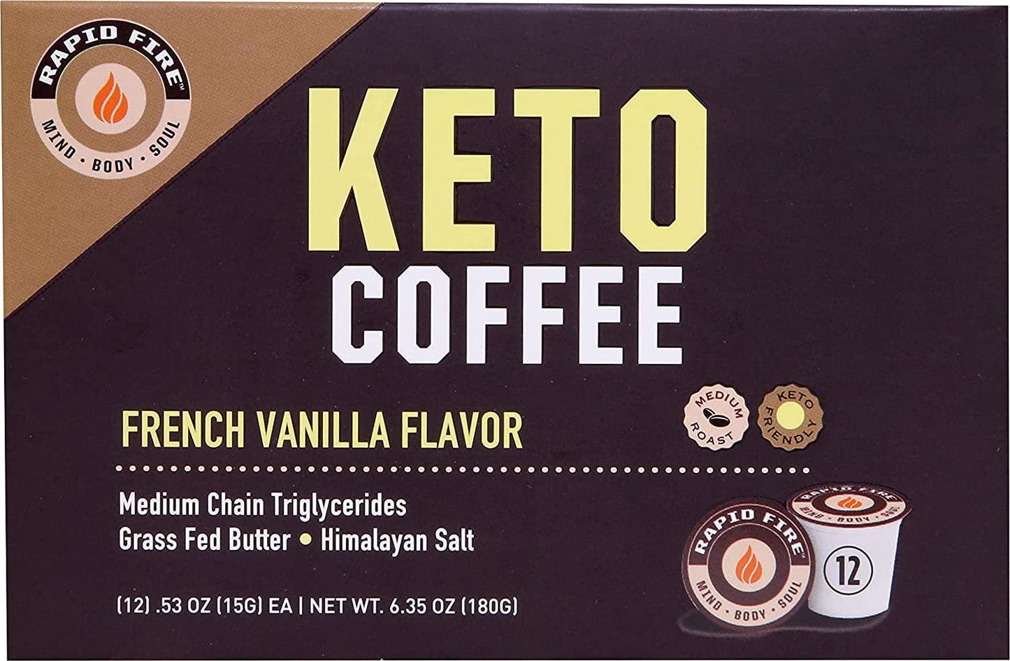 Rapid Fire Ketogenic High Performance Keto Coffee Pods, Supports Energy and Metabolism, Supports Weight Loss, Ketogenic Diet, French Vanilla, 12 Single Serve K-Cup Pod