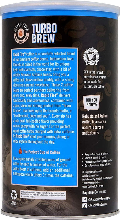 Rapid Fire Turbo Brew Ground Coffee, RFA Approved, 3X Caffeine, Supports Energy Focus and Stamina, 14 oz