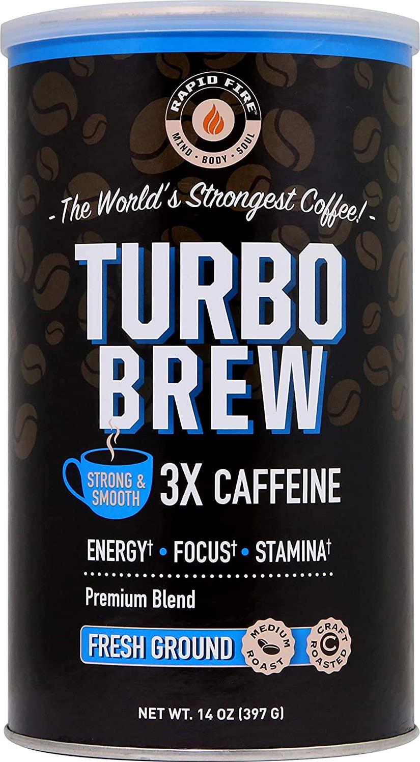 Rapid Fire Turbo Brew Ground Coffee, RFA Approved, 3X Caffeine, Supports Energy Focus and Stamina, 14 oz