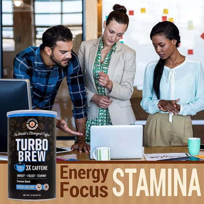 Rapid Fire Turbo Brew Ground Coffee, RFA Approved, 3X Caffeine, Supports Energy Focus and Stamina, 14 oz