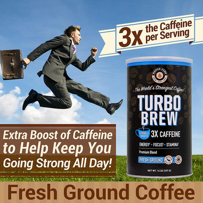 Rapid Fire Turbo Brew Ground Coffee, RFA Approved, 3X Caffeine, Supports Energy Focus and Stamina, 14 oz