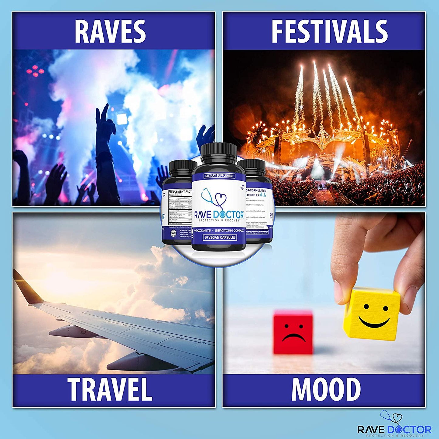 Rave Doctor, Rave Vitamins, Rave Gear, Festival Necessities, Rave Supplements, Rave Pack, Rave Recovery Pills, Rave Pills, 5HTP Rave, Festival Supplement