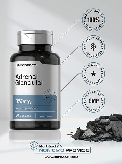 Raw Adrenal Glandular | 350 mg | 90 Capsules | Non-GMO, Gluten Free Supplement | by Horbaach