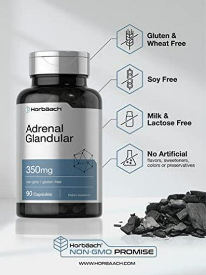 Raw Adrenal Glandular | 350 mg | 90 Capsules | Non-GMO, Gluten Free Supplement | by Horbaach