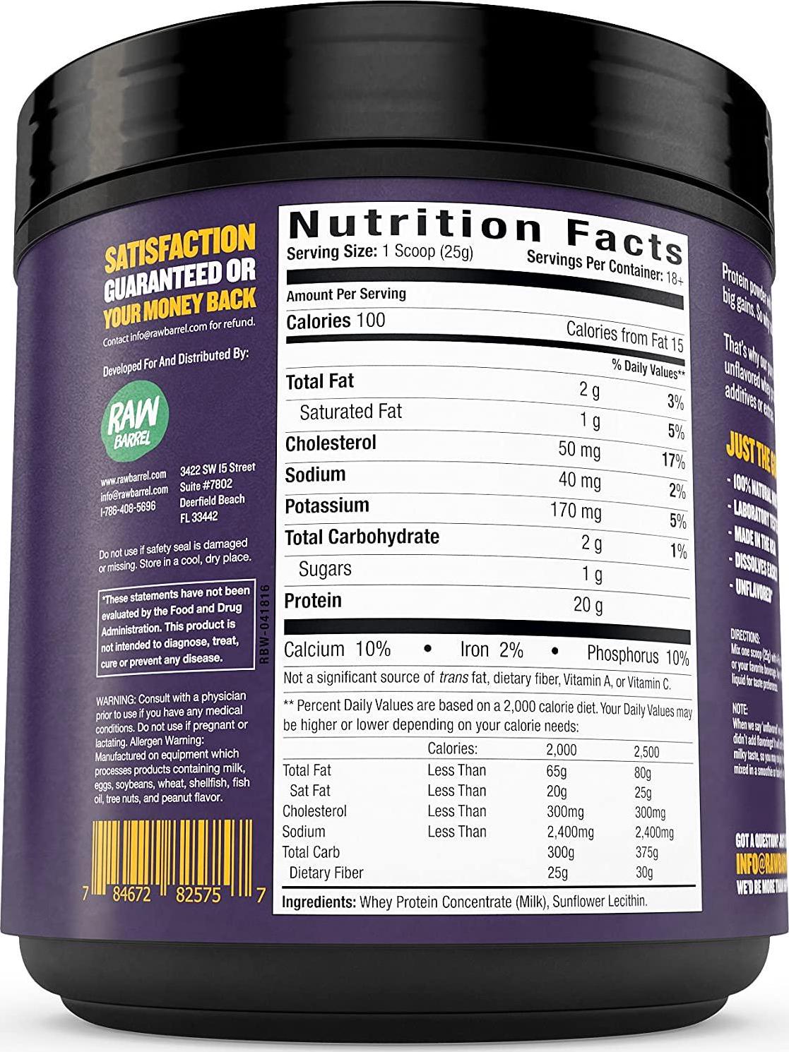 Raw Barrel's Unflavored Whey Protein Powder - 2lb Pure, Instantized Concentrate Supplement - High Protein, Low Carb and Natural - Includes Digital Guide and Recipe Book