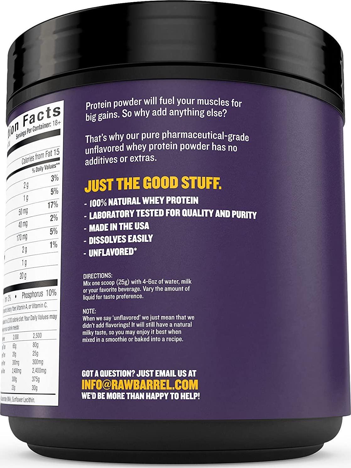 Raw Barrel's Unflavored Whey Protein Powder - 2lb Pure, Instantized Concentrate Supplement - High Protein, Low Carb and Natural - Includes Digital Guide and Recipe Book