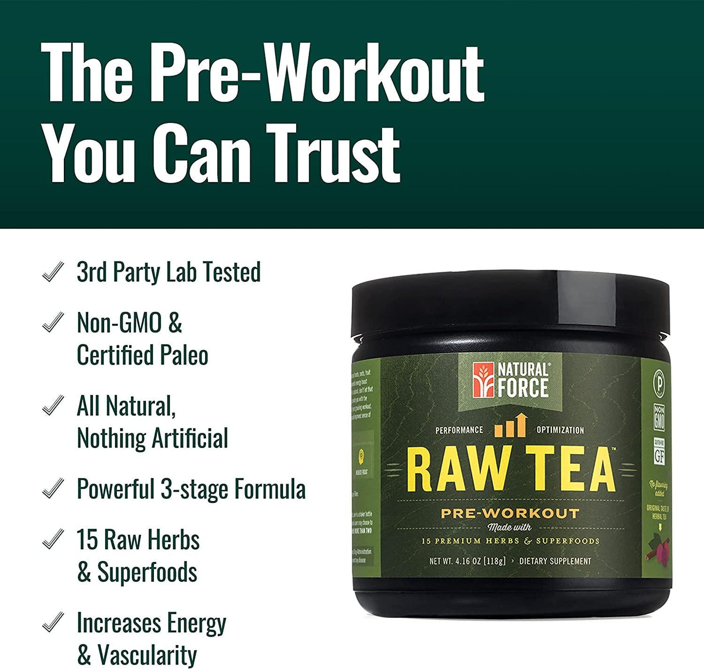 Raw Tea All Natural Pre Workout Powder, Original Flavor Best Preworkout for Men and Women Made from 15 Premium Herbs and Superfoods *Powerful Energy Booster* by Natural Force