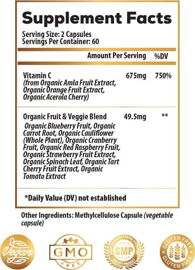 Raw Whole Food Vitamin C Complex: Organic Fruit and Veggie Blend - Immune Support - 100% Plant Based Vitamin C (2 Month Supply) Vegan