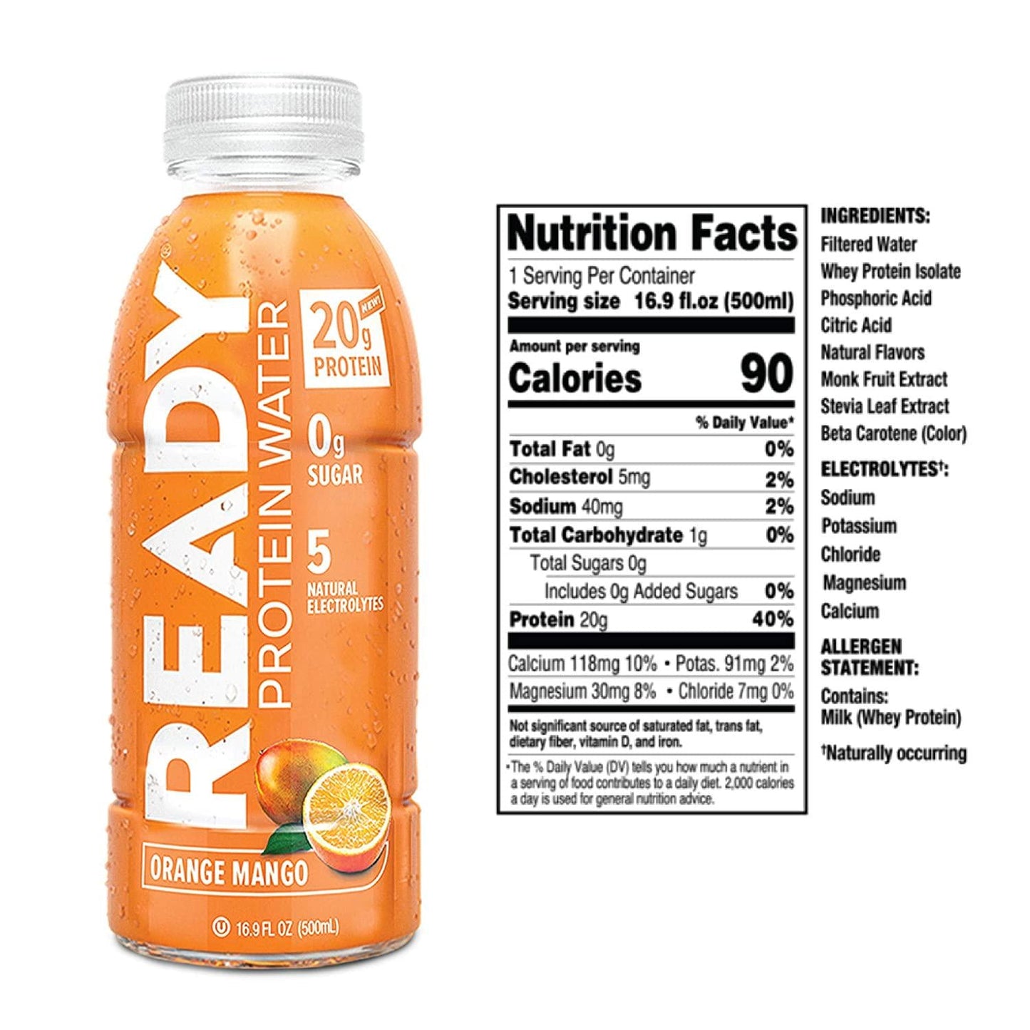 Ready Protein Water, 20g of Whey Protein Isolate, Sugar Free, Orange Mango, 12-Pack, 16.9 Fluid Ounces Each