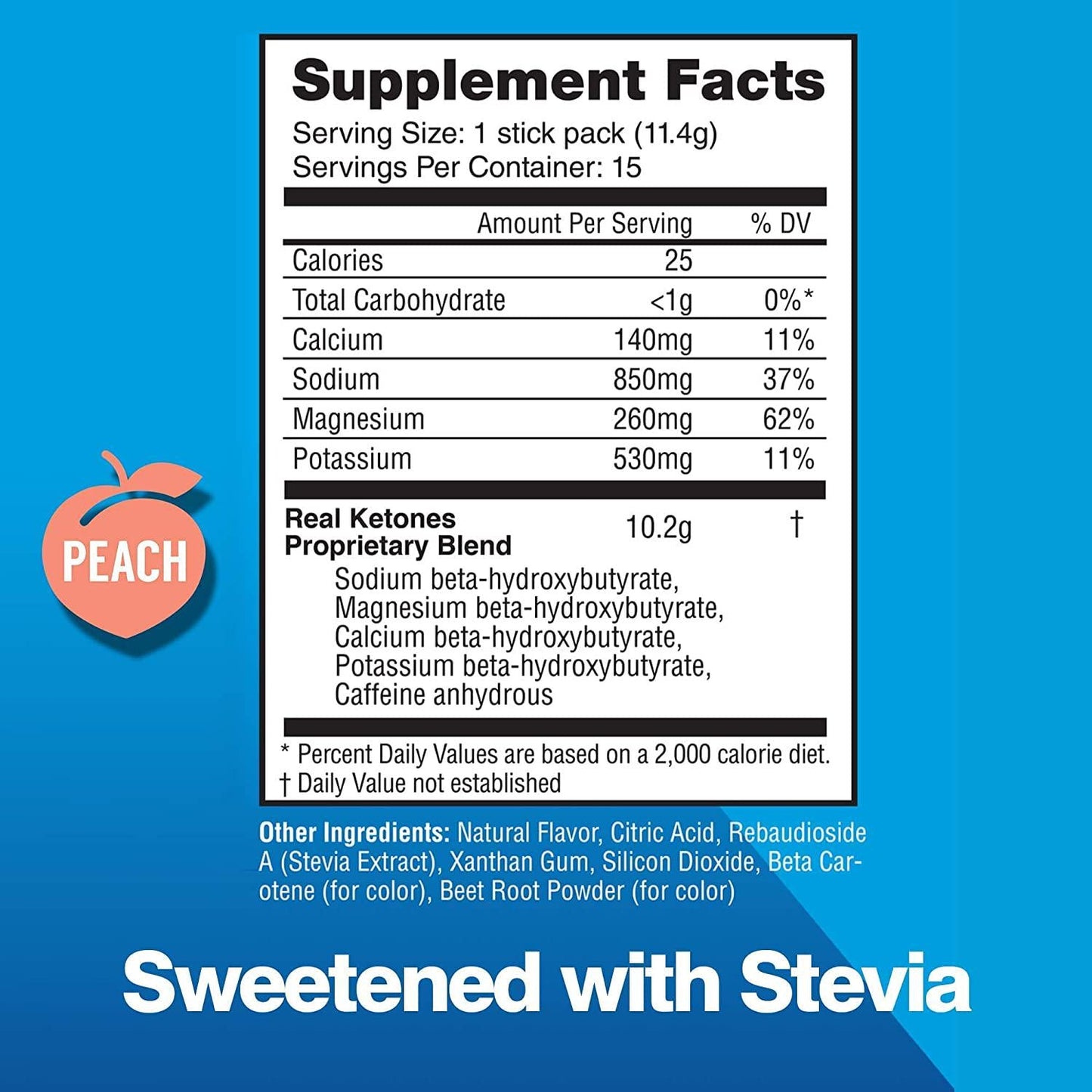 Real Ketones Exogenous Keto D-BHB Powder with Caffeine- 15 Stick Packets- Drink Mix Peach Supplement with Electrolytes