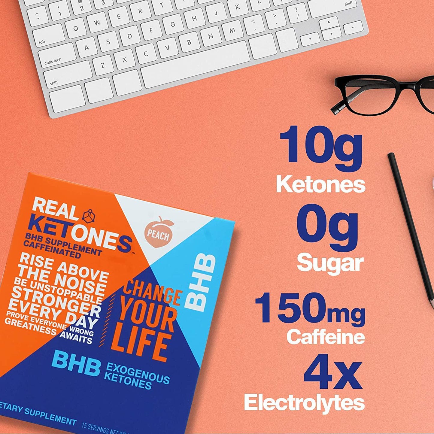 Real Ketones Exogenous Keto D-BHB Powder with Caffeine- 15 Stick Packets- Drink Mix Peach Supplement with Electrolytes