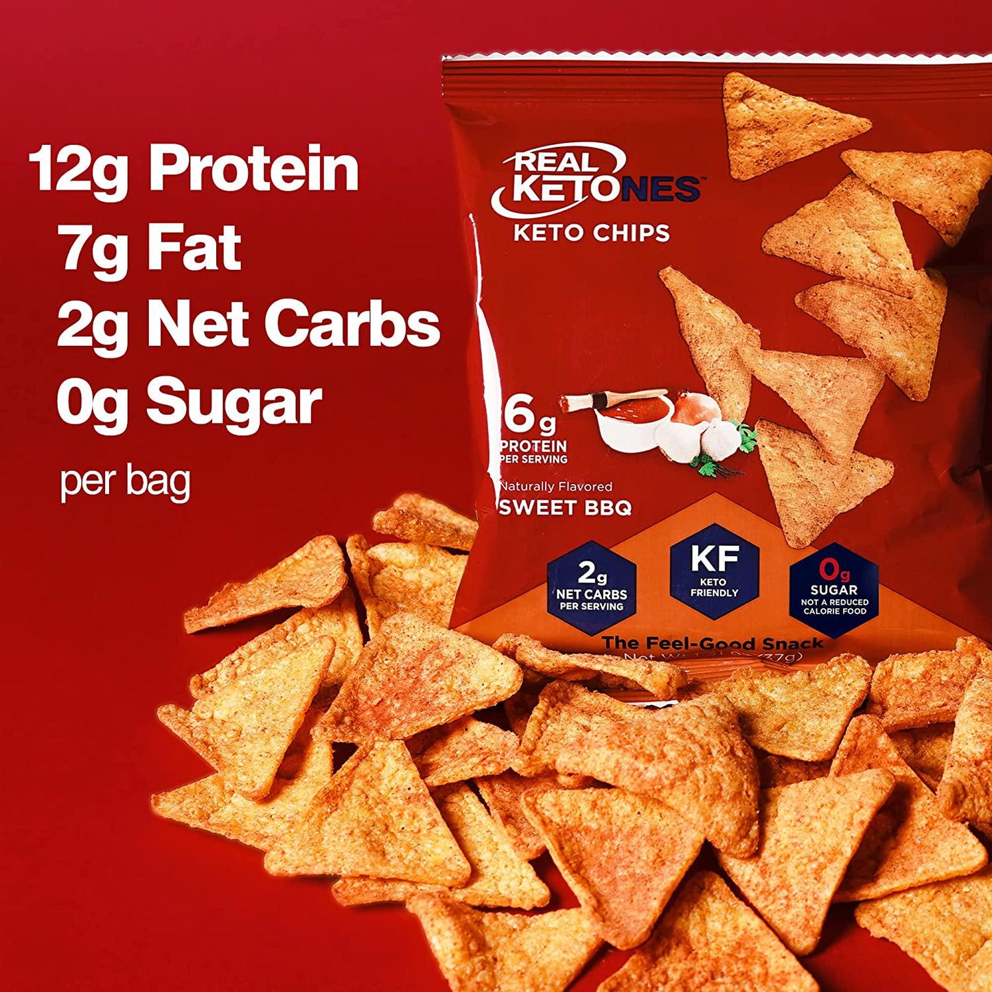 Real Ketones - Keto Protein Chips with MCT, Tortilla Style, Sweet BBQ Flavor, 8 Pack, Low Carb Food, No Sugar Snack