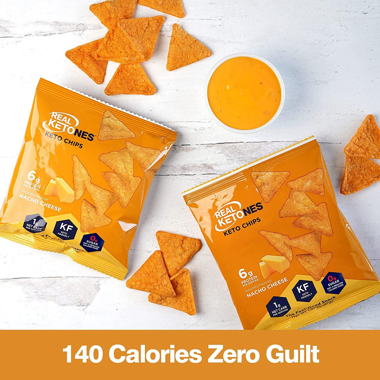 Real Ketones - Keto Protein Chips with MCT, Tortilla Style, Nacho Cheese flavor, 8 Pack, Low Carb Food, No Sugar Snack