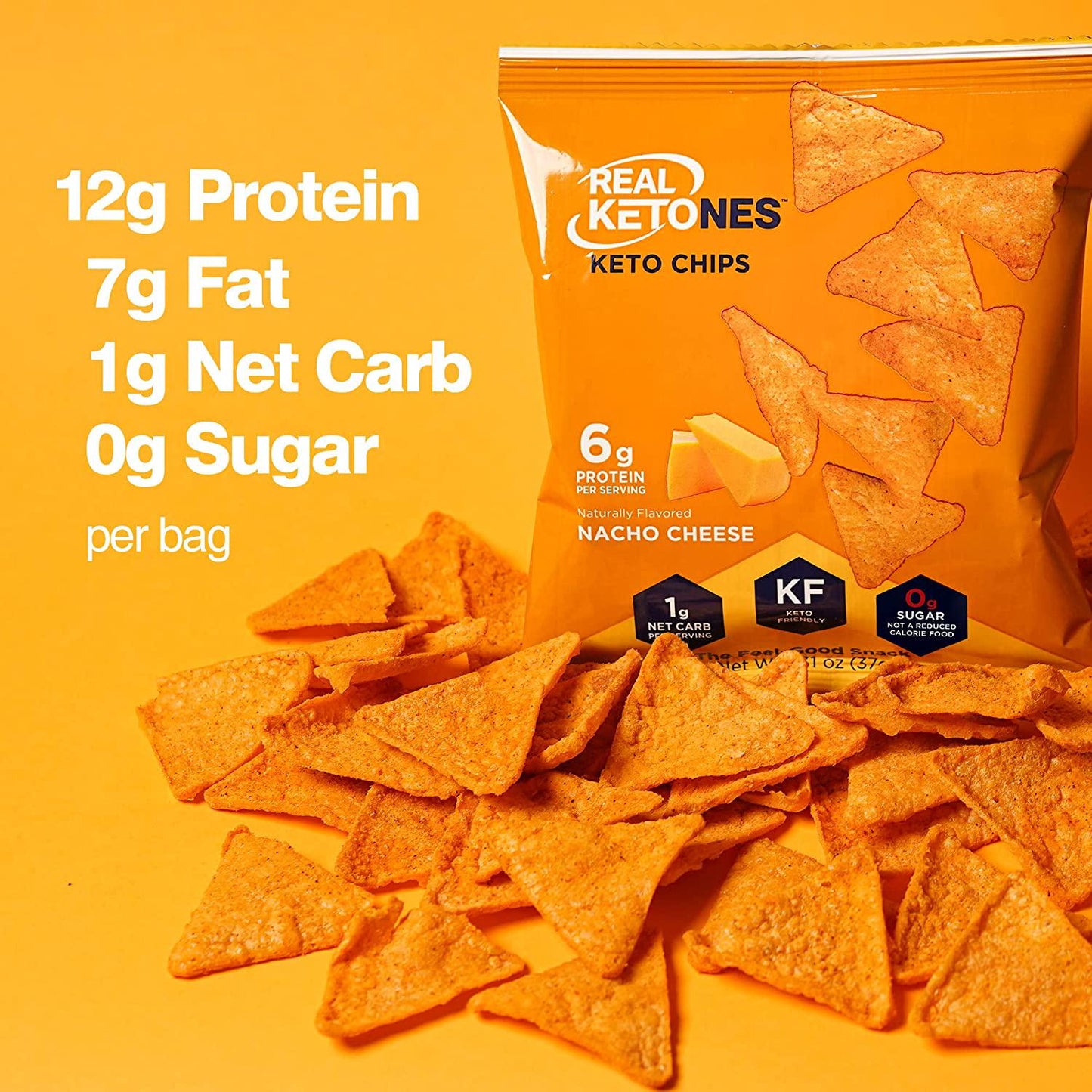 Real Ketones - Keto Protein Chips with MCT, Tortilla Style, Nacho Cheese flavor, 8 Pack, Low Carb Food, No Sugar Snack