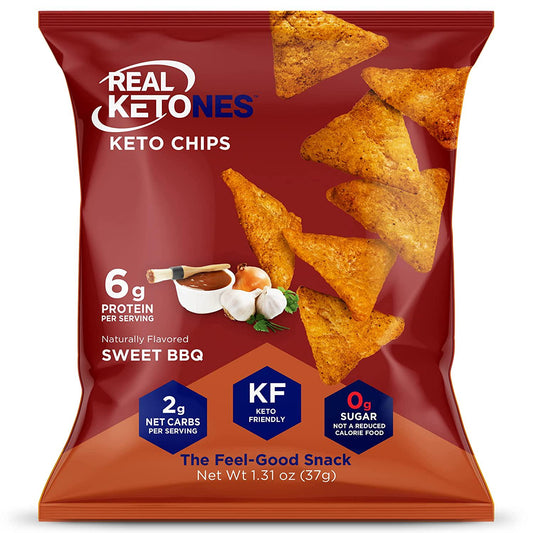Real Ketones - Keto Protein Chips with MCT, Tortilla Style, Sweet BBQ Flavor, 8 Pack, Low Carb Food, No Sugar Snack