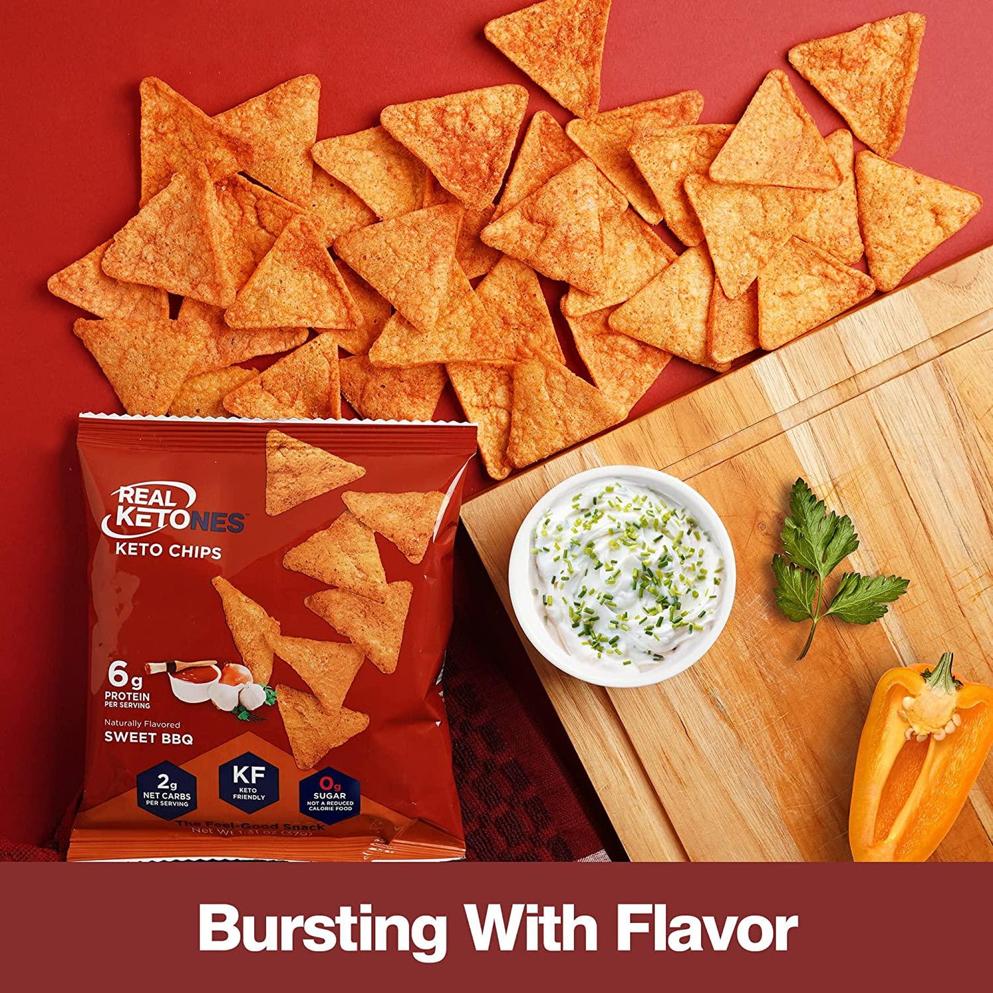 Real Ketones - Keto Protein Chips with MCT, Tortilla Style, Sweet BBQ Flavor, 8 Pack, Low Carb Food, No Sugar Snack