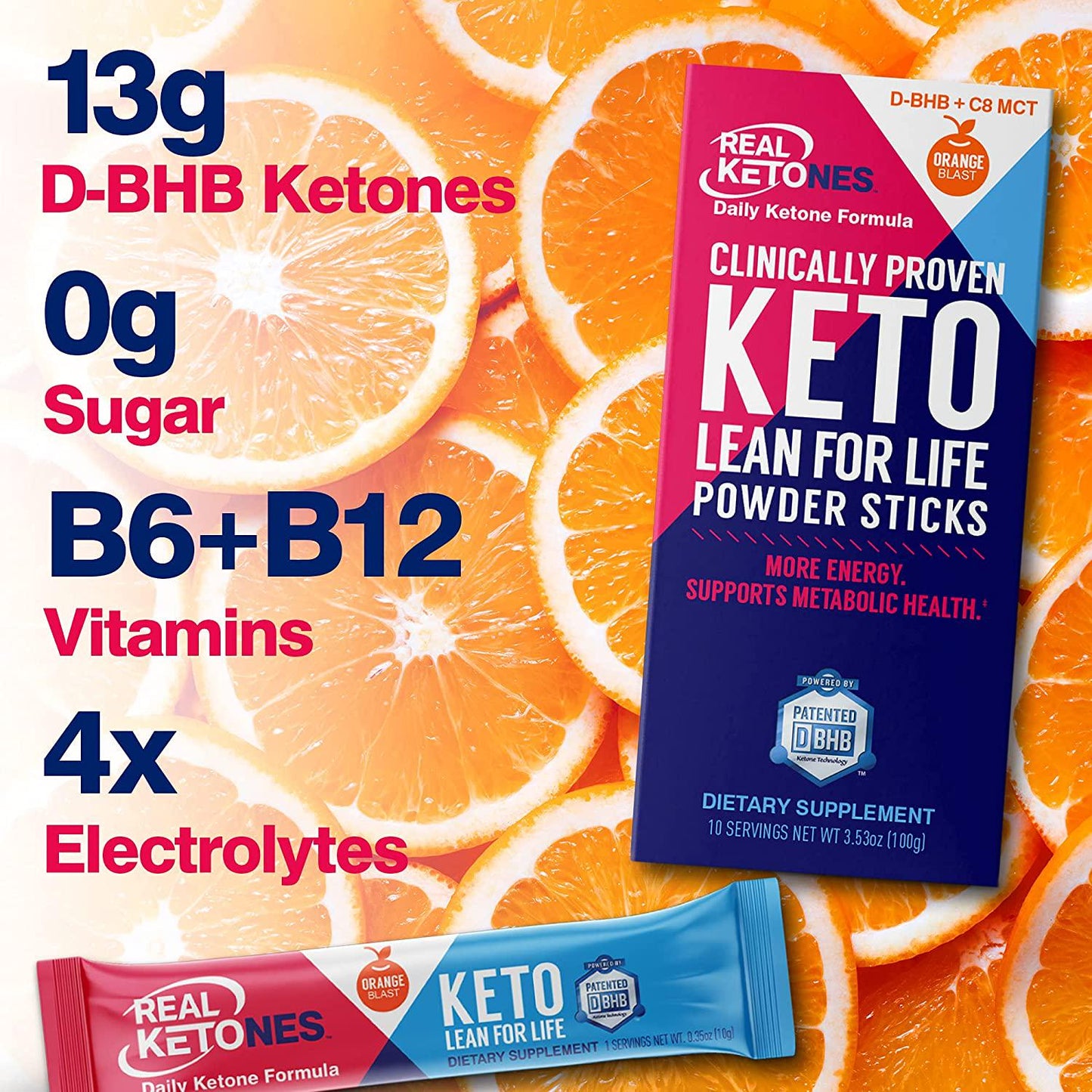 Real Ketones Orange Blast - Exogenous Keto D BHB + MCT + Electrolytes, Drink Mix Powder, 30 Packets, for Rapid Ketosis