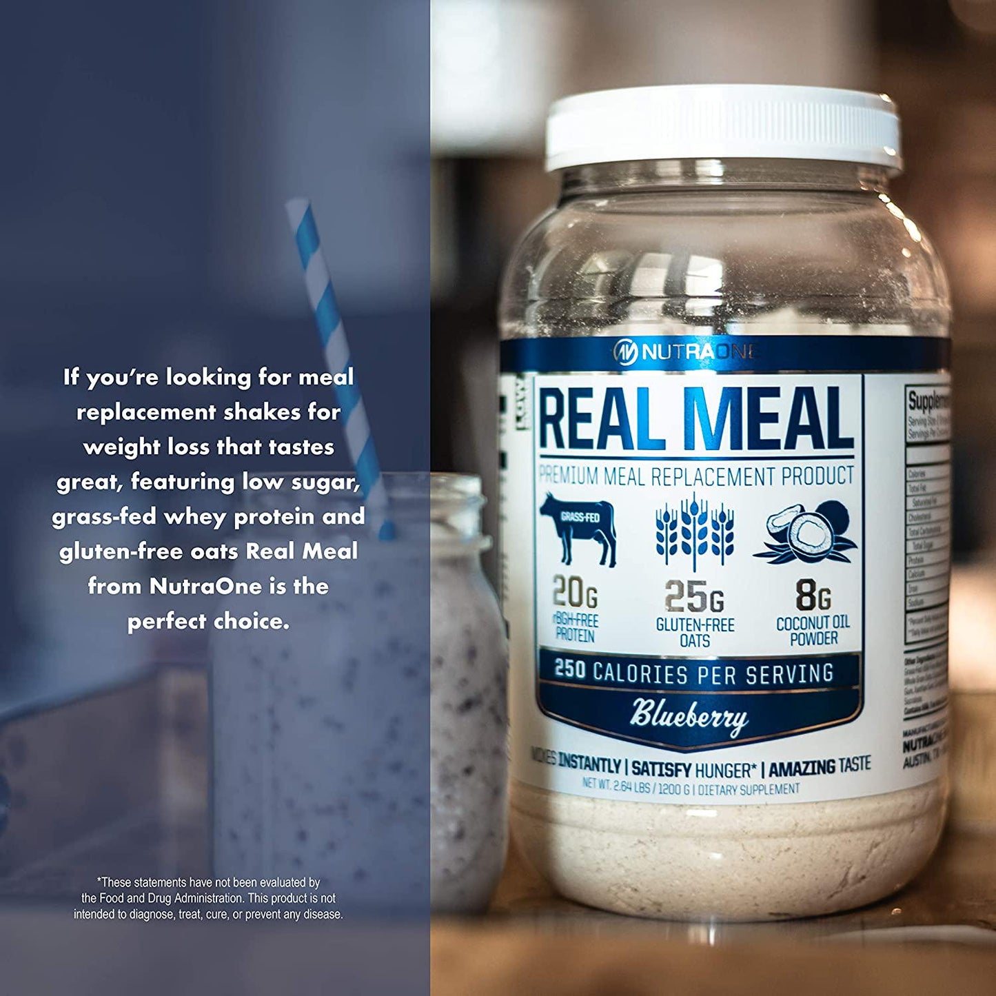 Real Meal by NutraOne - Lean Meal Replacement Powder For Weight Loss and Diet | Including Grass-Fed Whey, Coconut Oil and Organic Oats.* (Blueberry 2.6 lbs.)