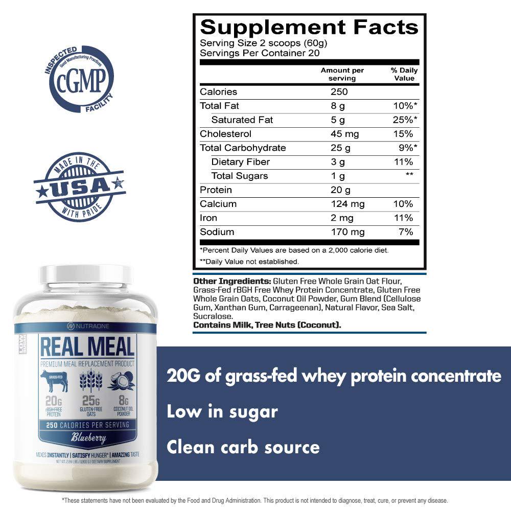 Real Meal by NutraOne - Lean Meal Replacement Powder For Weight Loss and Diet | Including Grass-Fed Whey, Coconut Oil and Organic Oats.* (Blueberry 2.6 lbs.)