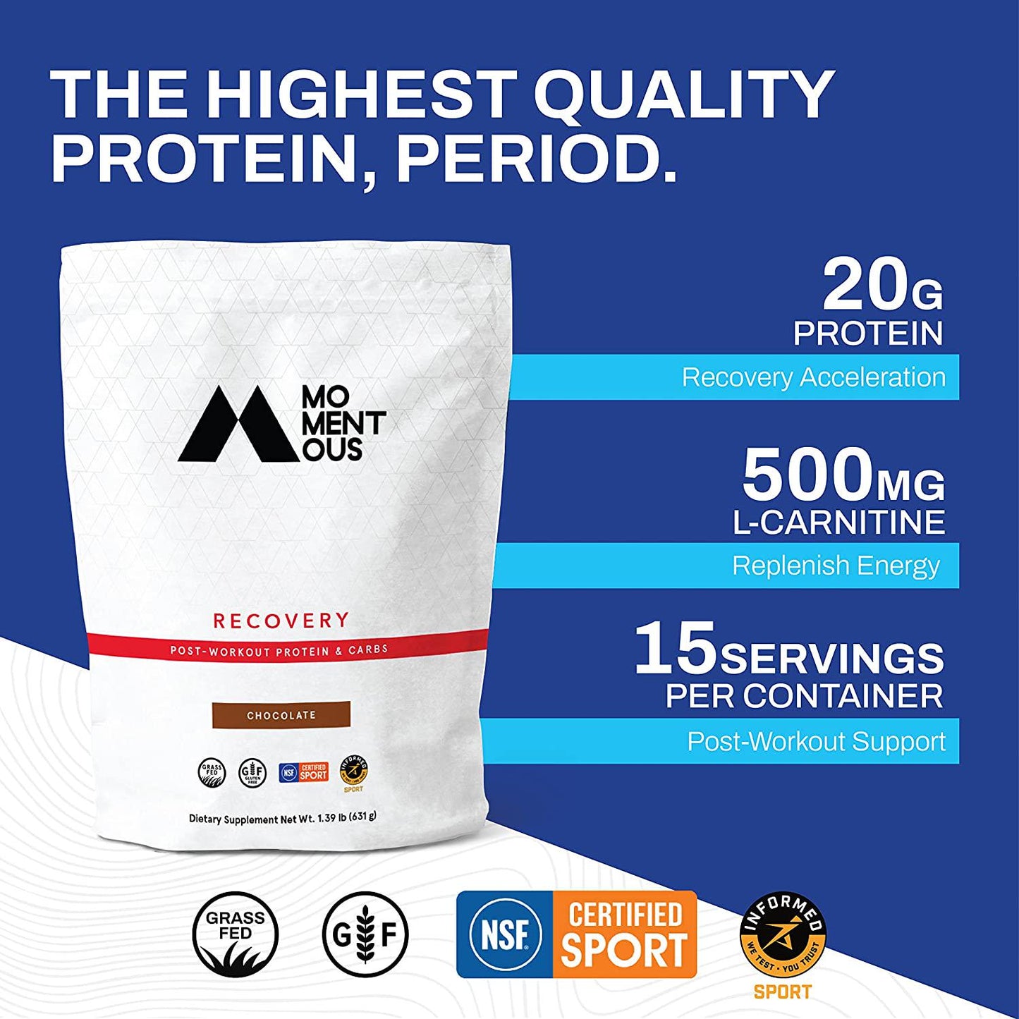 Recovery Grass-Fed Whey Protein Isolate, Post-Workout Protein Powder, 15 Servings, Gluten-Free, NSF Certified (Chocolate)