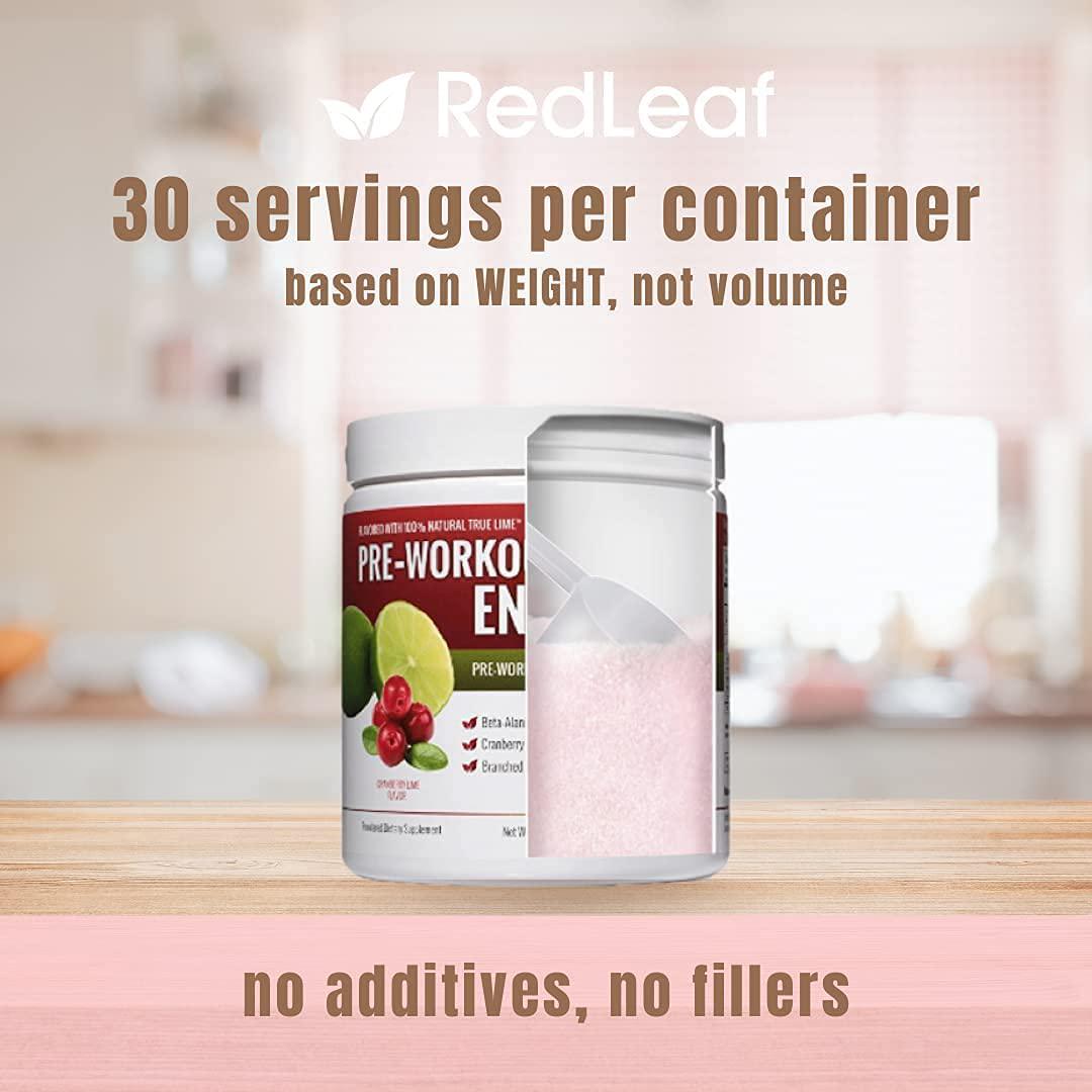Red Leaf Pre-Workout Energizer Powder, Pre Workout for Women and Men, BCAA's, Beta-Alanine, Amino Acids, Green Tea, Natural Cranberry Lime Flavor - 30 Servings