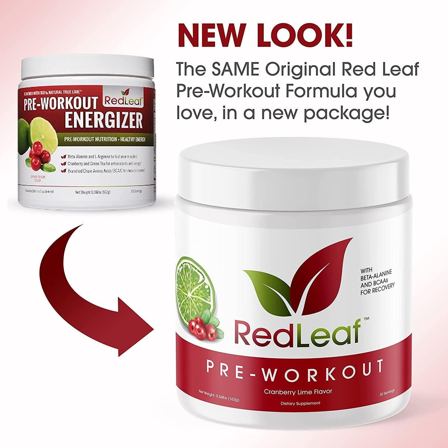 Red Leaf Pre-Workout Energizer Powder, Pre Workout for Women and Men, BCAA's, Beta-Alanine, Amino Acids, Green Tea, Natural Cranberry Lime Flavor - 30 Servings