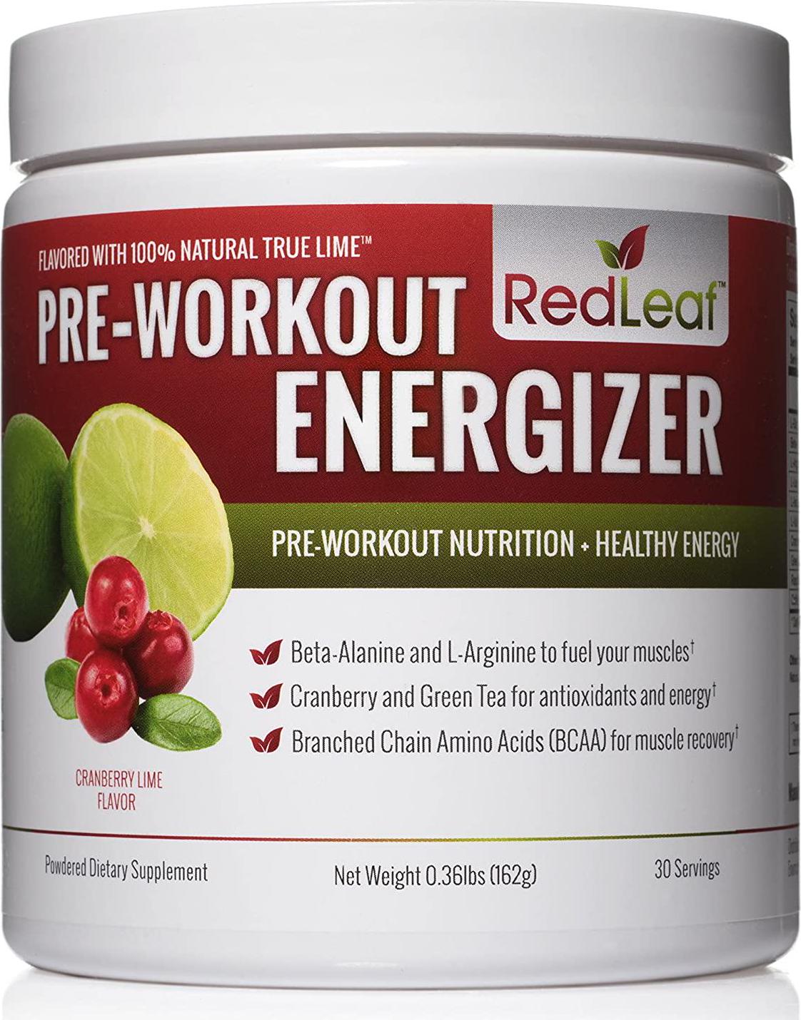 Red Leaf Pre-Workout Energizer Powder, Pre Workout for Women and Men, BCAA's, Beta-Alanine, Amino Acids, Green Tea, Natural Cranberry Lime Flavor - 30 Servings