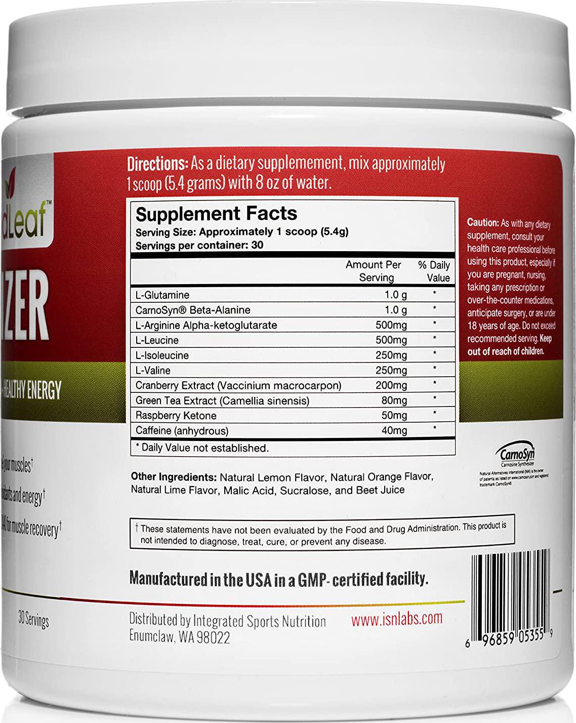 Red Leaf Pre-Workout Energizer Powder, Pre Workout for Women and Men, BCAA's, Beta-Alanine, Amino Acids, Green Tea, Natural Cranberry Lime Flavor - 30 Servings