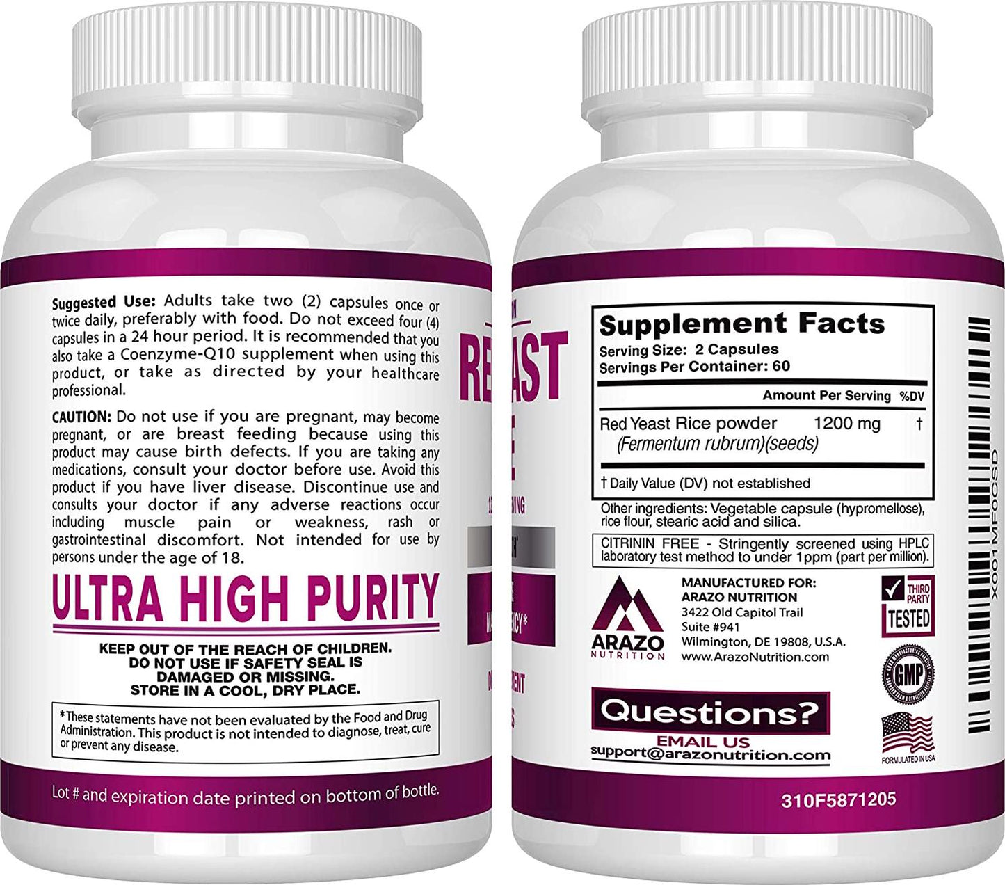 Red Yeast Rice Extract 1200 mg – Citrinin Free Supplement – Vegetarian 120 Capsules - Arazo Nutrition