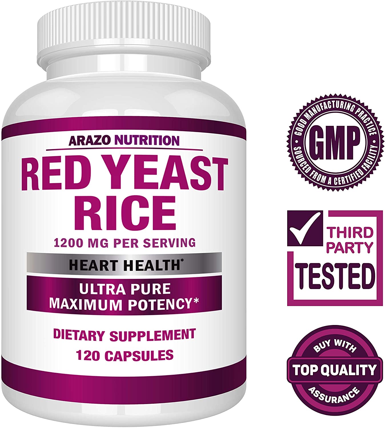 Red Yeast Rice Extract 1200 mg – Citrinin Free Supplement – Vegetarian 120 Capsules - Arazo Nutrition