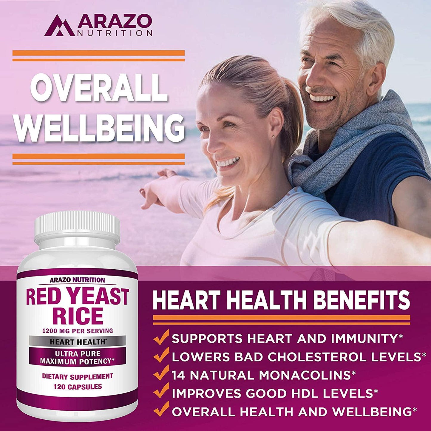 Red Yeast Rice Extract 1200 mg – Citrinin Free Supplement – Vegetarian 120 Capsules - Arazo Nutrition