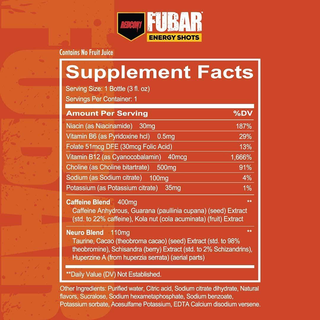 Redcon1 - FUBAR Fueled Up Beyond All Recognition - Case of 12 Energy Shots, Lasting Energy, B Vitamins, Increases Mental Focus, 400mg Caffeine (Orange Crush)