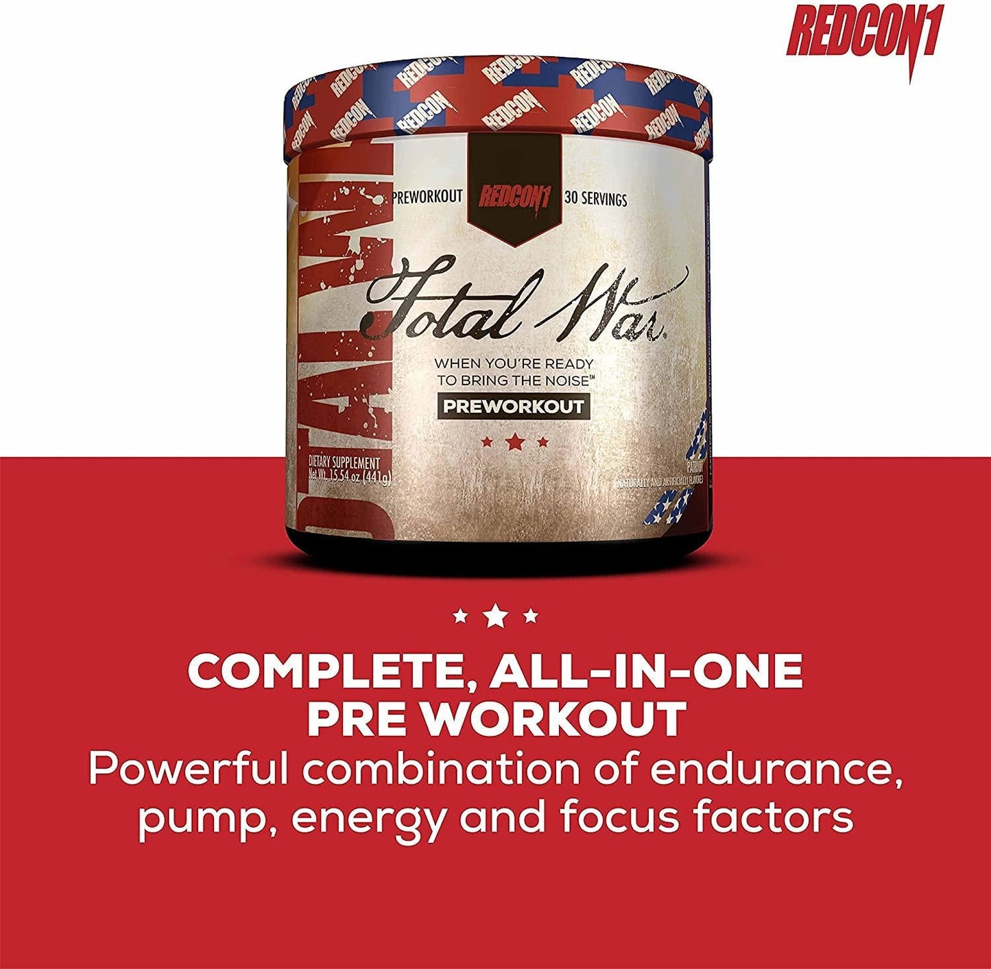 Redcon1 Total War - Pre Workout, 30 Servings, Boost Energy, Increase Endurance and Focus, Beta-Alanine, 350mg Caffeine, Citrulline Malate, Nitric Oxide Booster - Keto Friendly (Patriot)