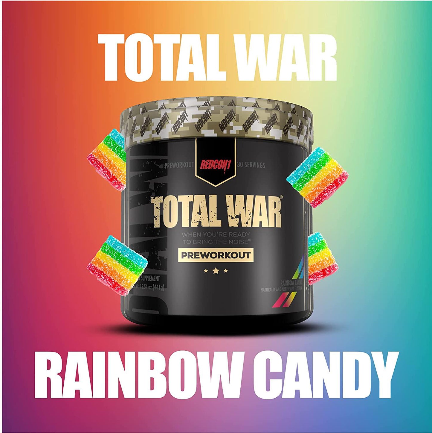 Redcon1 Total War - Pre Workout, 30 Servings, Increase Energy, Increase Endurance and Focus, Beta-Alanine, 350mg Caffeine, Nitric Oxide Booster - Keto Friendly (Rainbow Candy, 30 Servings)