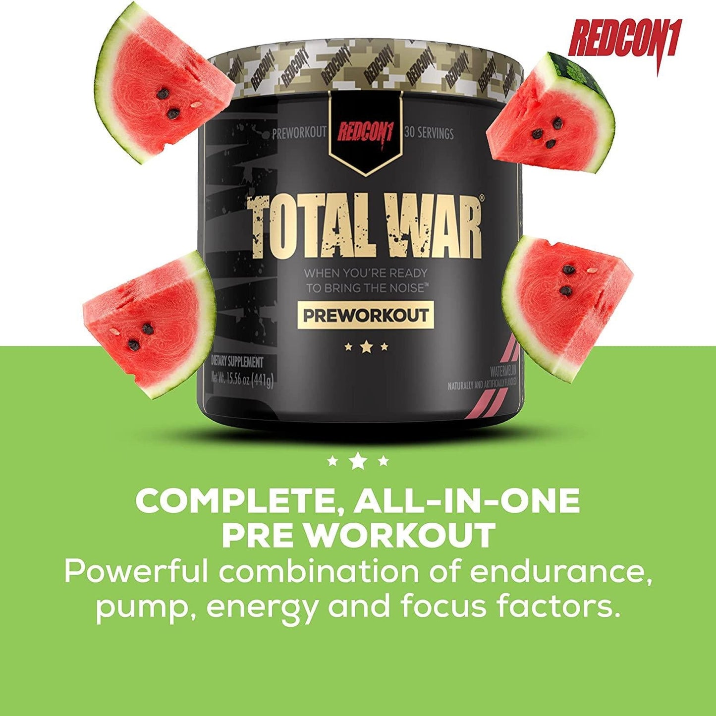 Redcon1 Total War - Pre Workout, 30 Servings, Boost Energy, Increase Endurance and Focus, Beta-Alanine, Caffeine (Watermelon)