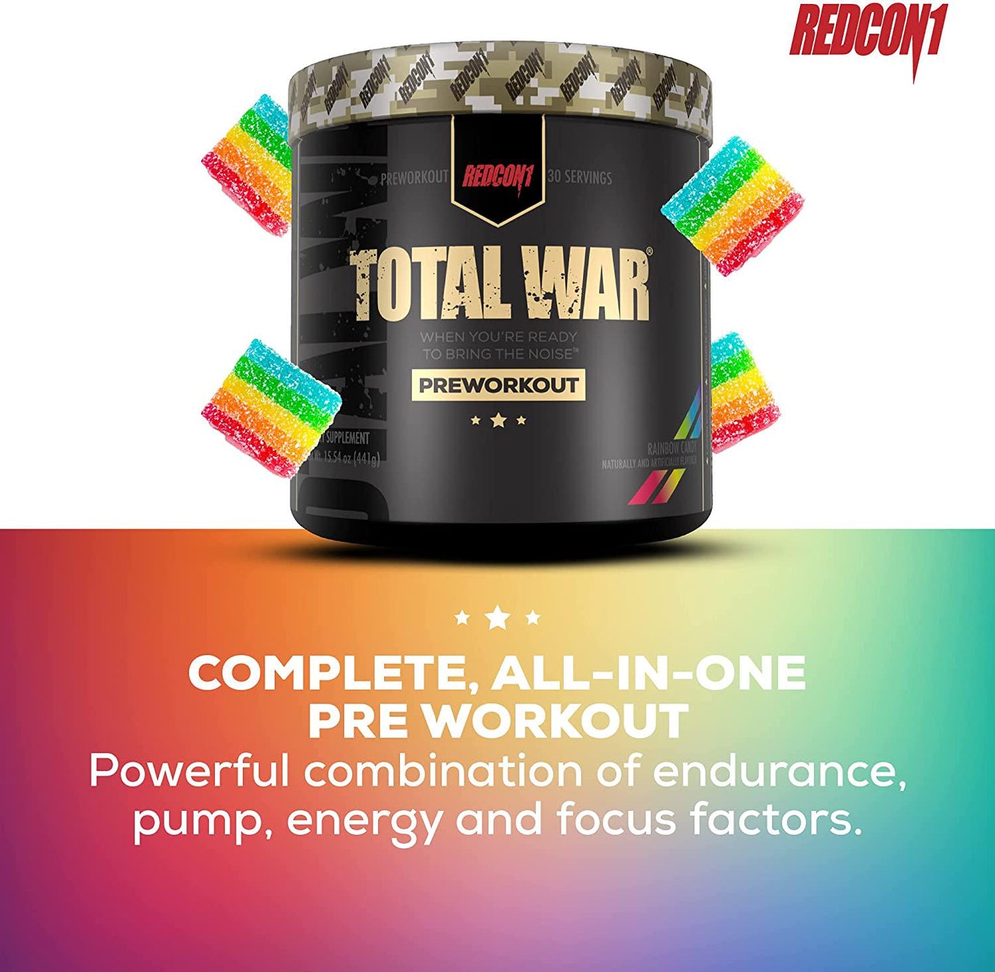 Redcon1 Total War - Pre Workout, 30 Servings, Increase Energy, Increase Endurance and Focus, Beta-Alanine, 350mg Caffeine, Nitric Oxide Booster - Keto Friendly (Rainbow Candy, 30 Servings)