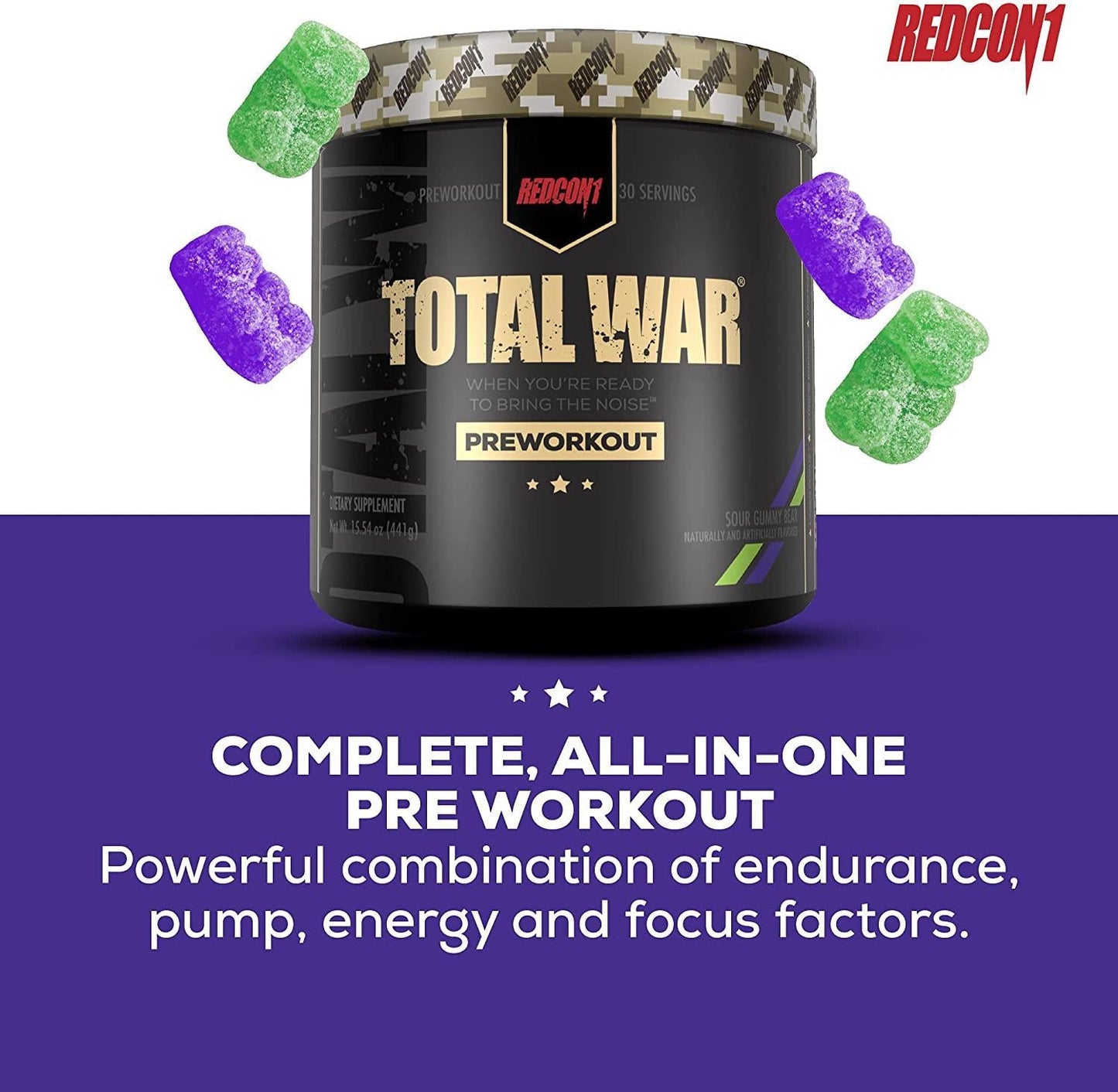Redcon1 Total War - Pre Workout Powder, 30 Servings, (Sour Gummy) Boost Energy, Increase Endurance and Focus, Beta-Alanine, 350mg Caffeine, Citrulline Malate, Nitric Oxide Booster - Keto Friendly