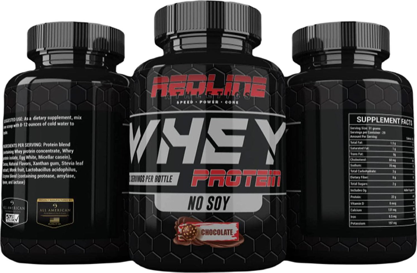 Redline Protein Powder - Chocolate - Whey Protein Concentrate, Isolate, Casein, and Eggs. Soy Free