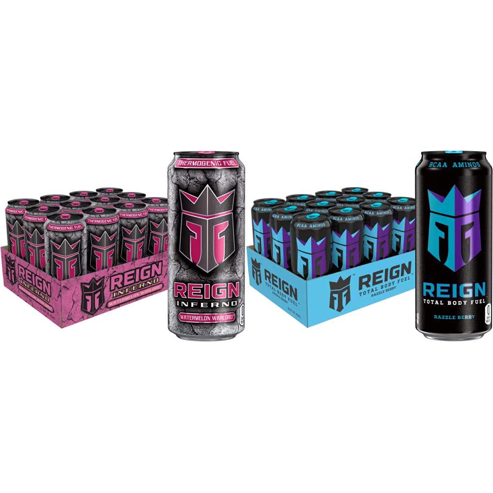 Reign Inferno Thermogenic Fuel Fitness Performance Drink 16 Fl Oz Pack of, Watermelon Warlord, (Pack of 12) and Total Body Fuel, Razzle Berry, Fitness and Performance Drink, 16 Oz (Pack of 12)